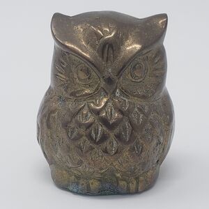 Brass Owl Bird Figurine 2" Paperweight Vintage Animal Statue Miniature Gold